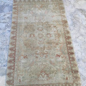 Vintage Oushak Wool Rug: 4x7 Beige Turkish Rug
