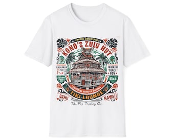 Kono&#39;s Zulu Hut Tiki Bar Oahu Hawaii Unisex Softstyle T-Shirt Vintage-Style Retro Pop Culture MCM Design by Tiki Pop Trading Co. Five-O