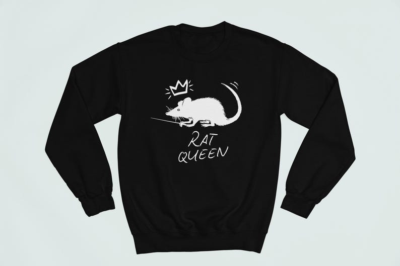 May include: Black sweatshirt with a white rat wearing a crown and the text "Rat Queen".