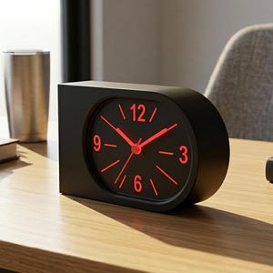 May include: A matte black analog desk clock with a rounded right side and a flat left side. The clock face is black with bright red hour markers, red numbers at the 3, 6, 9, and 12 positions, and thin red hour, minute, and second hands.