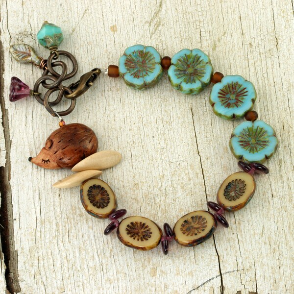 Istrice Bracciale fiore Bracciale Hedgehog gioielli fiore gioielli rustico Hedgehog Bracciale Bracciale legno bracciale bosco Clay Hedghog