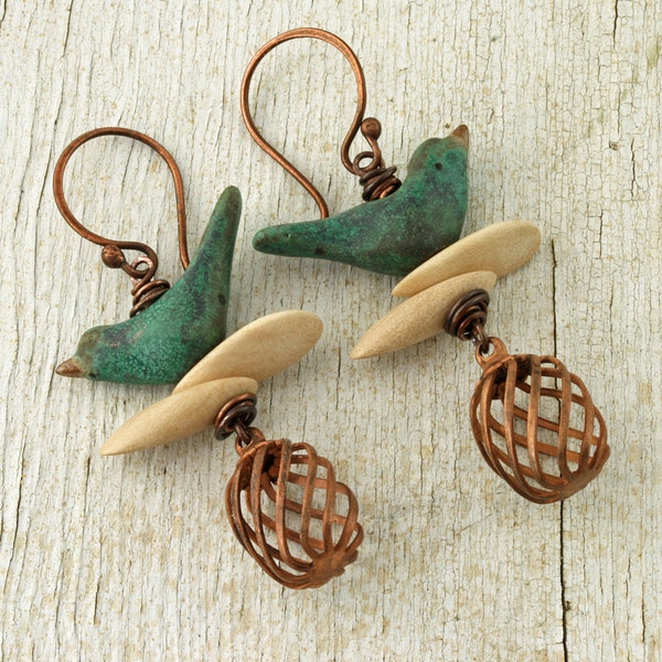 RESERVED FOR BRENDA Bird Earrings Bird Jewelry Bird Jewellery Bird Cage Jewelry Bird Cage Earrings Copper Bird Earring Rustic Bird Earrings