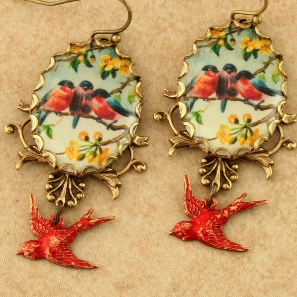 Robins on a Branch Brass Earrings Vintage Style Altered Art