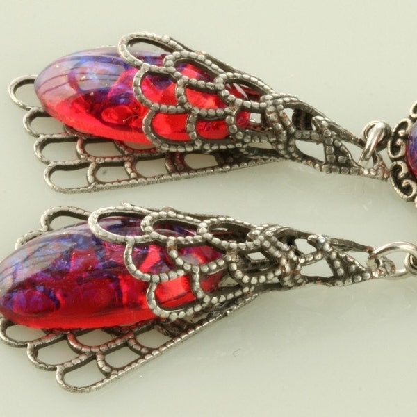 RESERVED Mexican Opal Earrings Dragons Breath Earrings Victorian Mexican Fire Opal Earrings Lavender Red Pink Earrings Silver Filigree Flowe