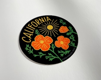 California Poppy Sun Sticker in Black, Decal for Water Bottle, Californian Gift