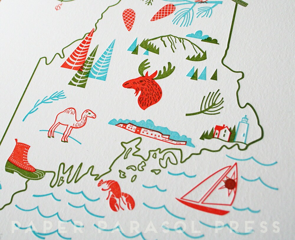 Maine State Letterpress Print 8x10 SALE Etsy