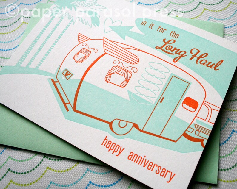 Retro Camper Anniversary Card, Letterpress Card, Gift for Adventure-Loving Spouse image 3