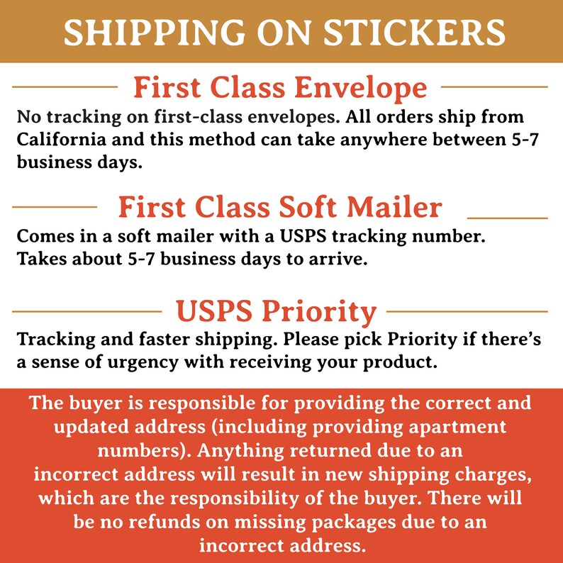 May include: A graphic outlining shipping options for stickers. The options include First Class Envelope, First Class Soft Mailer, and USPS Priority. The text states that the buyer is responsible for providing the correct and updated address, and that incorrect addresses will result in new shipping charges.