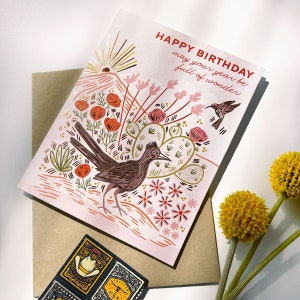 Roadrunner Happy Birthday Card, Foil Printed Card, Desert Illustration