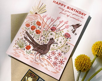 Roadrunner Happy Birthday Card, Foil Printed Card, Desert Illustration