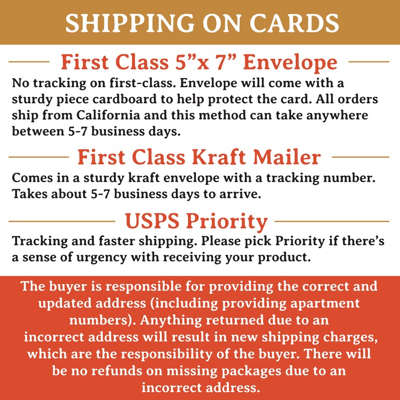 Może przedstawiać: Opcje wysyłki dla kart, w tym koperta First Class 5"x7", koperta First Class Kraft i priorytet USPS. Kupujący jest odpowiedzialny za podanie prawidłowego i zaktualizowanego adresu, w tym numer&oacute;w mieszkań. Wszelkie zwroty spowodowane nieprawidłowym adresem skutkują nowymi kosztami wysyłki, kt&oacute;re ponosi kupujący. Nie będzie zwrot&oacute;w za zaginione paczki z powodu nieprawidłowego adresu.