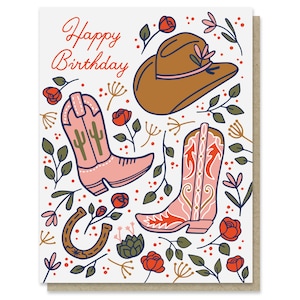 Western Rose Birthday Card, Cowgirl Boots, Kraft Envelope