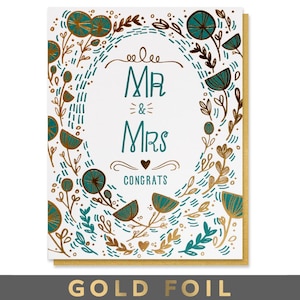 Mr and Mrs Wedding Card, Letterpress Gold Foil, Floral Congrats