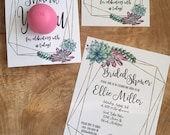 Succulent and gold frame bridal shower invitation and EOS lip balm favor, download, printable, trendy, watercolor, blue, purple, green, gold