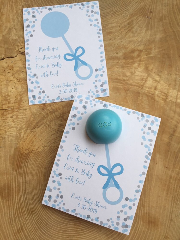 Thank you for showering mommy & baby with love! Personalized printable favor cards for EOS lip balm, rattle, baby shower, blue, gray, silver