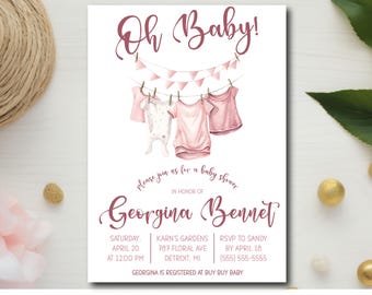Oh Baby! Baby Girl Layette Baby Shower invitation, 5"x7" printable, pink, , dark pink, bunting, clothesline, baby girl clothes, custom