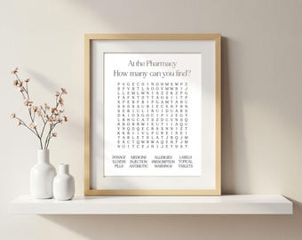 At the Pharmacy Word Search 8"x10" printable, waiting room, wall decor, art, instant download, bathroom wall decor, pharmacist, office. lab