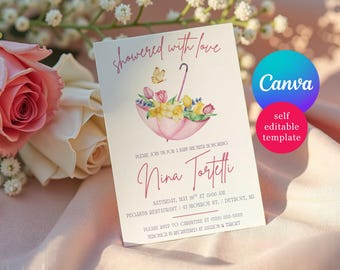 Showered with Love! Pink and Purple Spring Floral Umbrella Baby Shower invitation, Editable Canva Template, Instant Download Printable