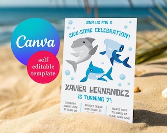Shark Kids' Birthday Party Invitation, Join us for a Jaw-Some Celebration, Editable Canva Template, Digital, Printable File