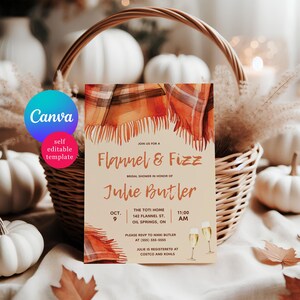 Flannel & Fizz, Fall themed Bridal Shower invitation, Editable Canva Templete, orange, brown, autumn, plaid blanket scarf, champagne