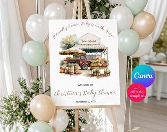 Locally Grown Farm Market Baby Shower Welcome Sign, Vintage Truck, Editable Canva Template