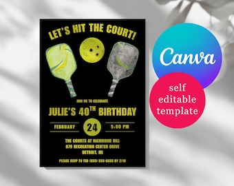 Pickleball Birthday party invitation, Let's Hit the Court!  Editable Canva Template, Pickleball Party, Sports Theme Party