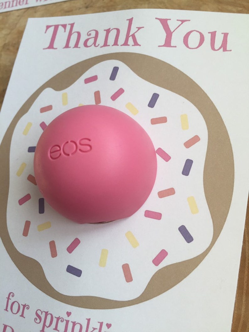 purple orange pink Personalized donut printable cards for EOS lip balm Thank you for sprinkling the baby with love sprinkles yellow