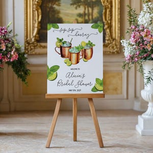 Sip, Sip, Hooray! Moscow Mule Bridal Shower Welcome Sign, watercolor, cocktails, mint, lime, mule cocktail, copper mugs, custom size, poster