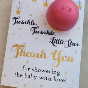 Twinkle, twinkle little star babyshower gunst afdrukbaar, EOS lippenbalsemkaarten, instant download, maan, sterren, lucht, bedankt, ivoor, goud, zwart