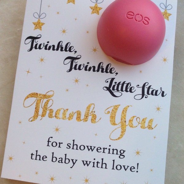 Twinkle, twinkle little star baby shower favor printable, EOS lip balm cards, instant download,moon,stars, sky, thank you,ivory, gold, black