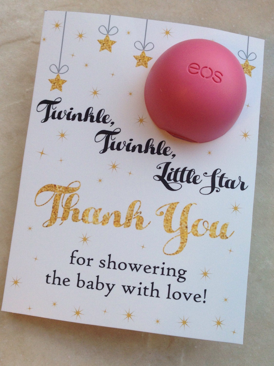 Twinkle, twinkle little star baby shower favor printable, EOS lip balm cards, instant download,moon,stars, sky, thank you,ivory, gold, black
