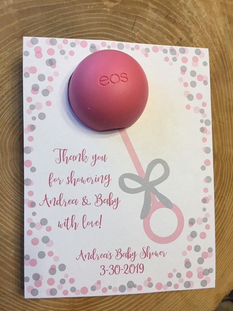Thank you for showering the baby with love! Personalized printable favor cards for EOS lip balm, rattle, baby shower, pink, gray, girl