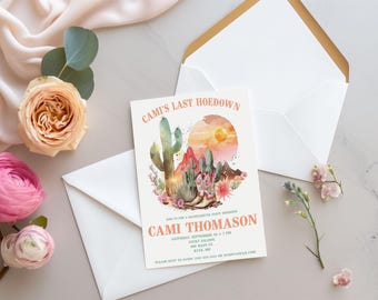 Her Last Hoedown, Cowgirl, western themed bachelorette party invitation, 5x7 printable, coral, turquoise, brown, cactus, cowboy boots,sunset