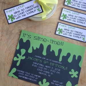 Slime time, birthday party invitation and thank you card favor set, green, black, it&#39;s slime time,slime so happy you could celebrate with me