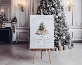 Let's Deck Their Halls! Holiday Bridal, Wedding Shower Welcome Sign, Christmas Tree, green, gold, 'Tis the Season to be Married, Gifts