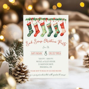 May include: A Christmas party invitation with six colorful stockings hanging from a garland. The invitation reads "Sock Swap Christmas Party" with event details, including date, time, and location. The invitation is on a cream background.