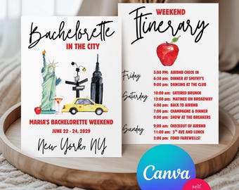 New York City themed bachelorette party invitation, Bachelorette in the City! Canva Template, Weekend Itinerary, NYC, Big Apple