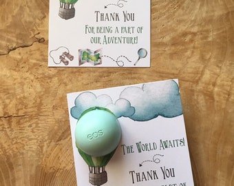 The world awaits baby shower EOS lip balm favor cards, printable, hot air balloon, map, travel, thank you for being a part of our adventure