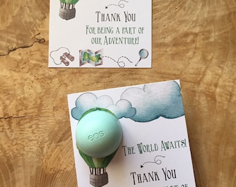 The world awaits baby shower EOS lip balm favor cards, printable, hot air balloon, map, travel, thank you for being a part of our adventure