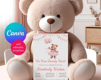 Pink Teddy Bear Baby Shower Invitations, We Can Bearly Wait! Editable Canva Template, Printable, Instant Download