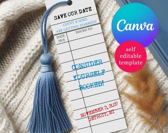 Library Checkout Card Save the Date Wedding bookmarks, Editable Canva Template, personalized, digital download, printable bookmarks