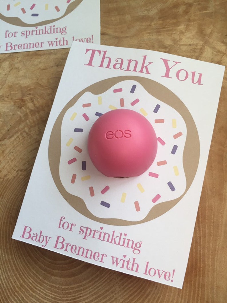 purple orange pink Personalized donut printable cards for EOS lip balm Thank you for sprinkling the baby with love sprinkles yellow
