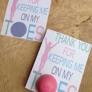 Gymnastics instructor, thank you cards for EOS lip balm, printable, instant download, thank you for keeping me on my toes, gymnast, gift