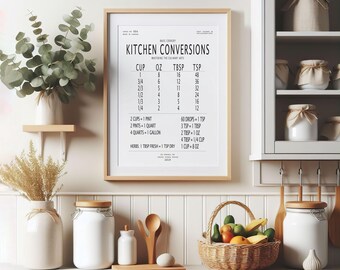 Kitchen Conversion Chart Print, Modern Black and White Wall Decor, Two Sizes, Instant Download Printable File, 8x10 and 11x14 inch printable