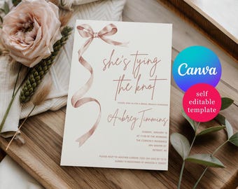 She's Tying the Knot! Editable Beige Ribbon Bridal Shower invitation, Canva Template, Brown Ribbon, Khaki Bow