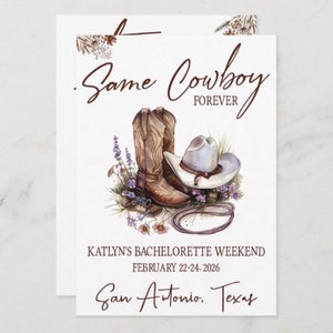 Same Cowboy Forever, invito per festa di addio al nubilato a tema sud-ovest, stampabile 5x7, stivali da cowboy, cappello da cowboy, lazo, cactus, floreale, fine settimana