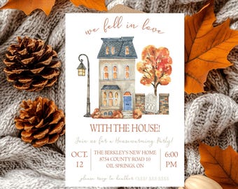 We Fell in Love with the House!  Autumn Home, housewarming party invitation, 5"x7" printable, trees, fence, orange, brown, fall, streetlight
