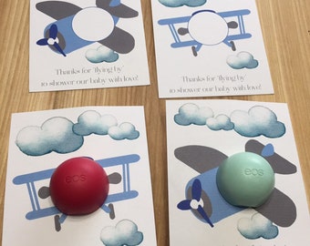 Thanks for flying by to shower our baby with love! Airplane themed cards for EOS lip balm, clouds, baby sprinkle, shower, blue, gray, boy