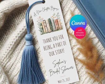 Book themed Bridal Shower Bookmark Favors, Editable Canva Template, A New Chapter Begins! Spring Floral Shelf of Books