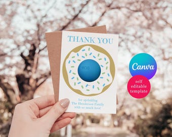 Blue and Green Donut Baby Shower Favors, Card for EOS Lip Balm,  Editable Canva Template, Thank you for sprinkling the baby with love!